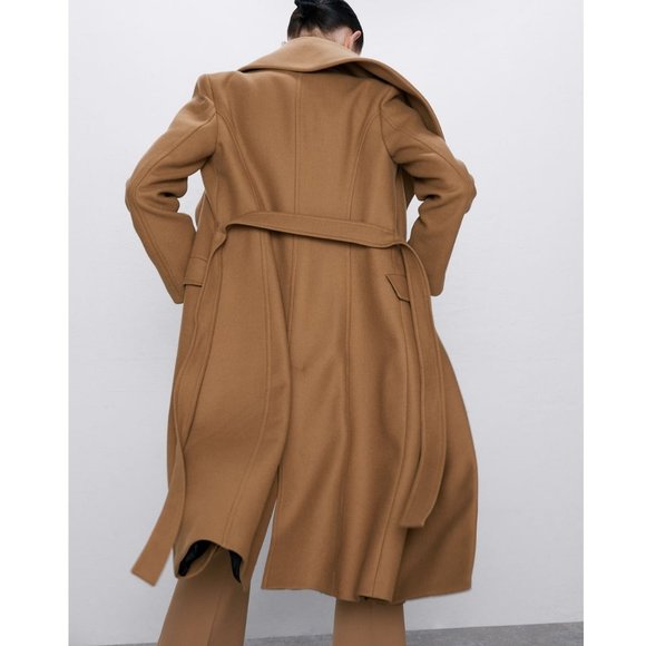 Zara Camel Wool Coat with Wrap Collar - Picture 6 of 10